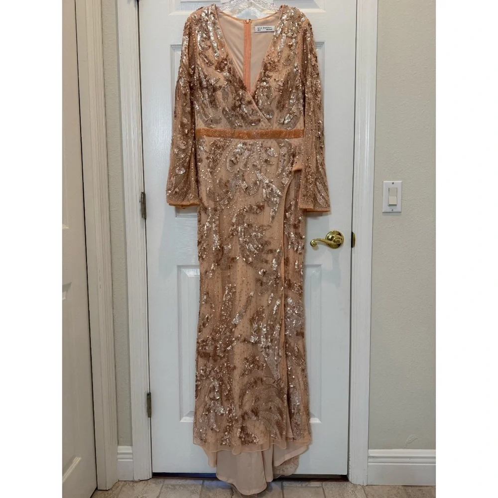 Mac Duggal 5222 Pink Sequined Faux Wrap Split Long Sleeve Gown Size 10 NWOT - Picture 4 of 10